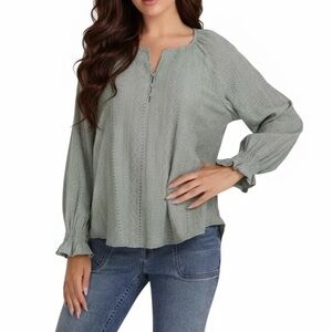 Frye Textured Long Sleeve Peasant Blouse Boho Western Eyelet Sage Green